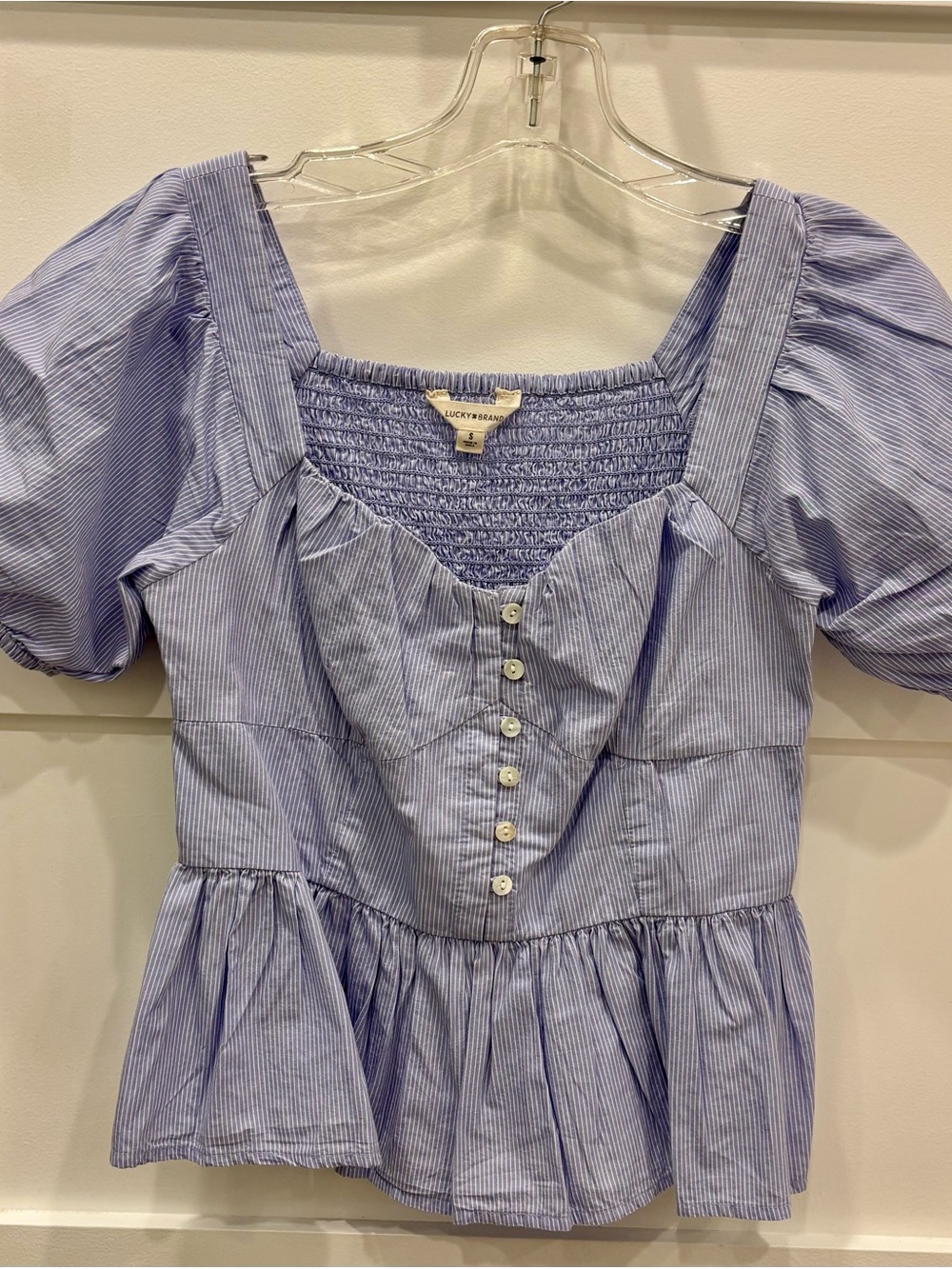 Lucky Brand Light Blue Striped Puff Sleeve Peplum Blouse